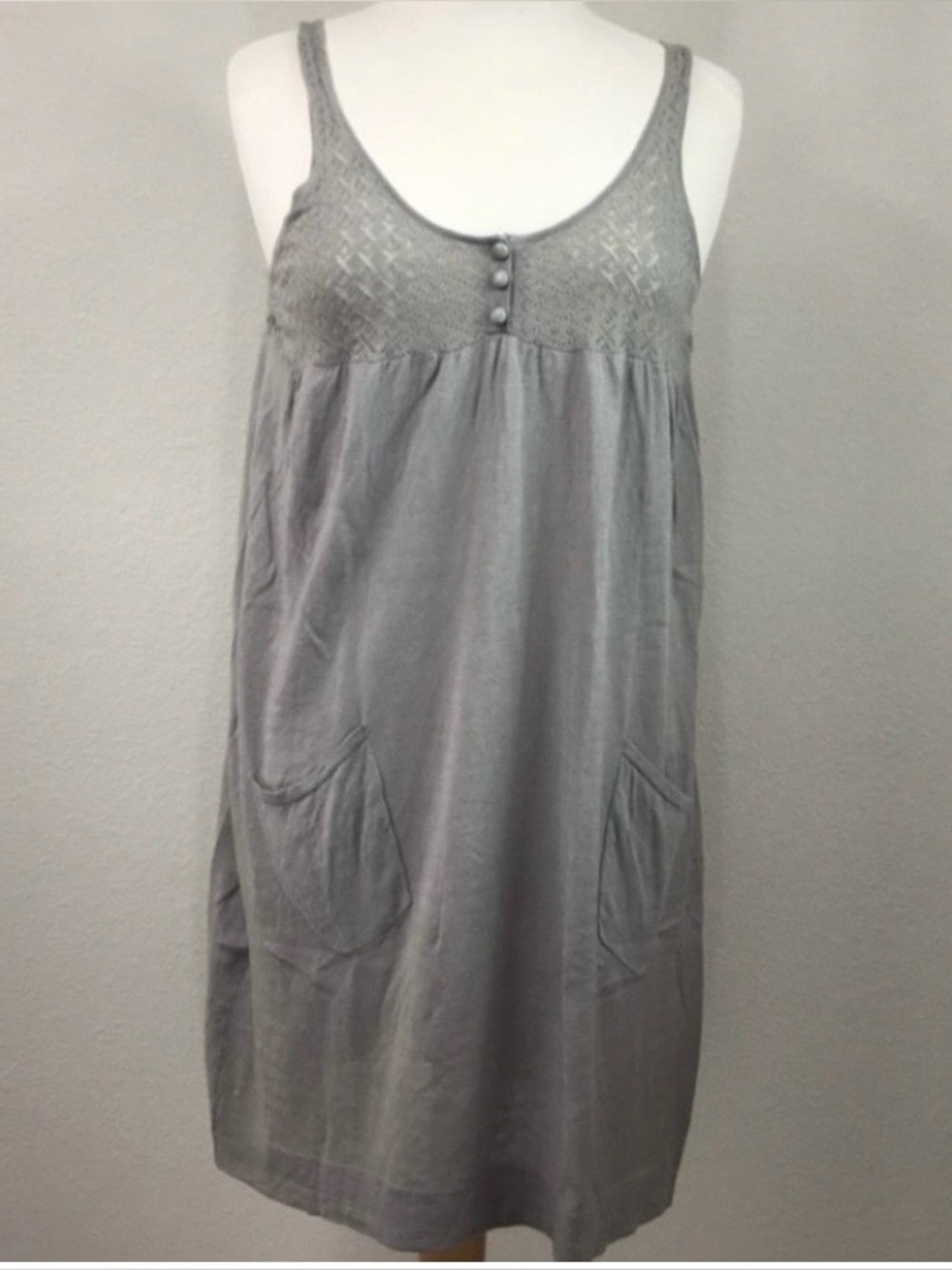 Vintage Bel Air Womens Gray Linen Mix Coastal Babydoll Crochet Knit Dress Size L